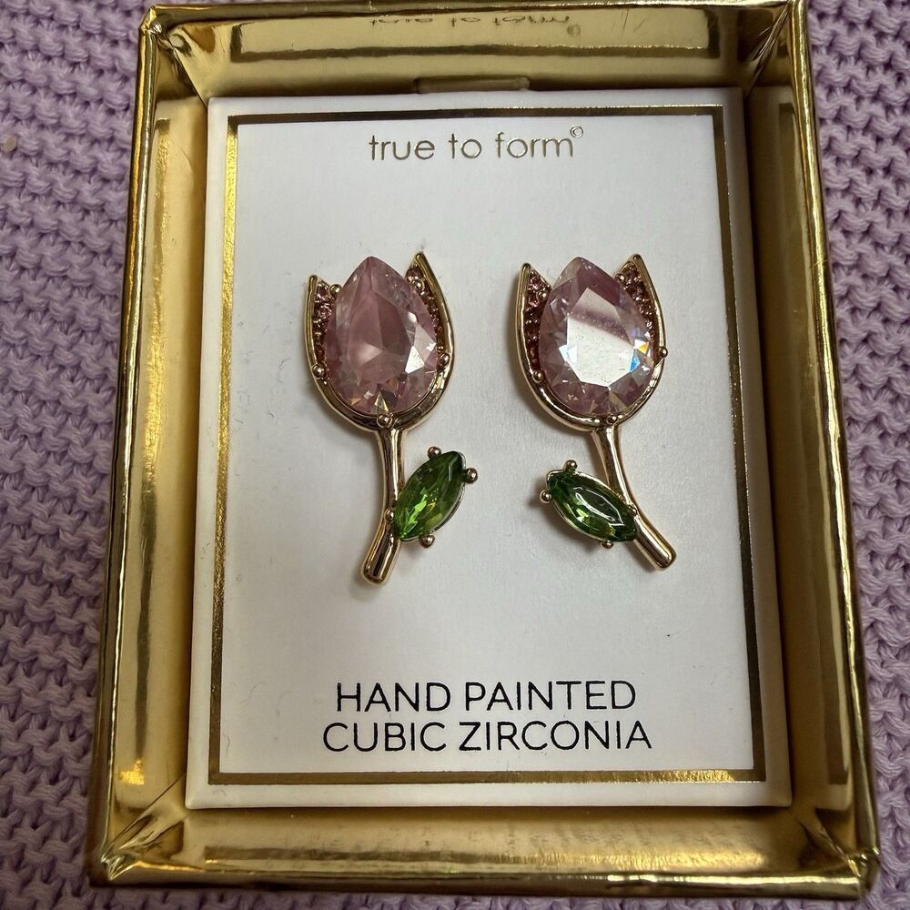 True to Form Hand Painted Cubic Zirconia Tulip Flower Stud Earrings Pink Green